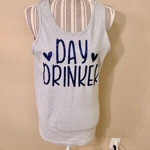 Graphic Tank Top Medium Grey “Day Drinker” Blue Glittery Print Alstyle Cotton